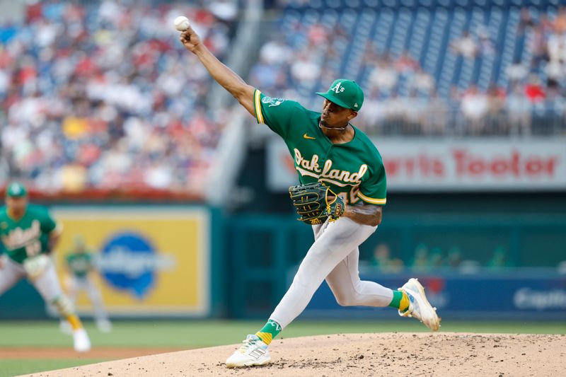 Aug 12, 2023; Washington, District of Columbia, USA; Oakland Athletics starting pitcher Luis Medina (46) pitches against the Washington Nationals during the second inning at Nationals Park. Mandatory Credit: Geoff Burke-USA TODAY Sports