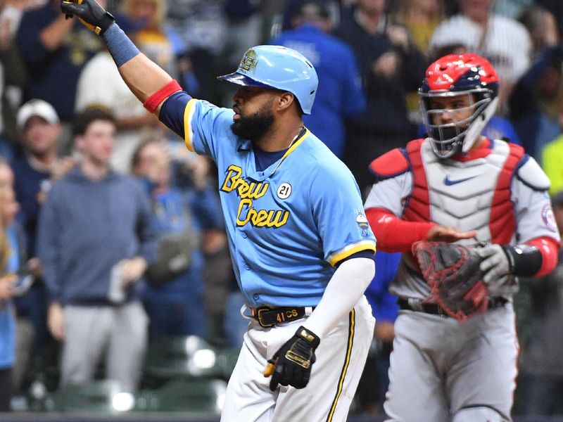 Sep 15, 2023; Milwaukee, Wisconsin, USA; Milwaukee Brewers first baseman Carlos Santana (41) celebrates after hitting a home run against the Washington Nationals in the fifth inning at American Family Field. Mandatory Credit: Michael McLoone-USA TODAY Sports