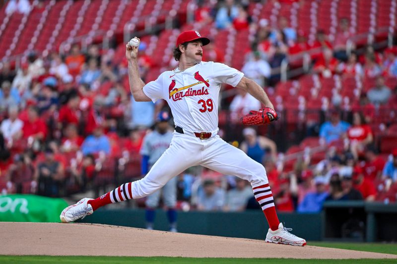 May 7, 2024; St. Louis, Missouri, USA;  St. Louis Cardinals starting pitcher Miles Mikolas (39) pitches against the New York Mets during the first inning at Busch Stadium. Mandatory Credit: Jeff Curry-USA TODAY Sports