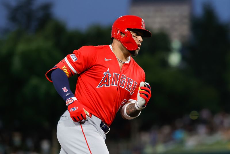 May 20, 2025; West Sacramento, California, USA; Los Angeles Angels third baseman Yoán Moncada (5) rounds the bases after hitting a three run home run during the fifth inning against the Athletics at Sutter Health Park. Mandatory Credit: Sergio Estrada-Imagn Images