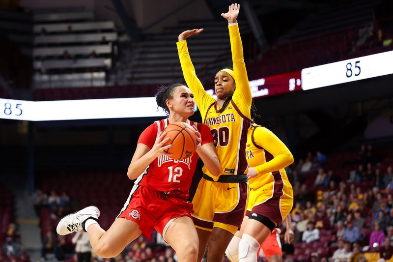 Feb 8, 2024; Minneapolis, Minnesota, USA; Ohio State Buckeyes guard Celeste Taylor (12) works around Minnesota Golden Gophers guard Janay Sanders (30) during the second half at Williams Arena. Mandatory Credit: Matt Krohn-USA TODAY Sports