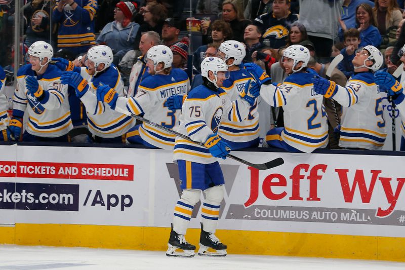 Feb 23, 2024; Columbus, Ohio, USA; Buffalo Sabres defenseman Connor Clifton (75) celebrates his goal against the Columbus Blue Jackets during the third period at Nationwide Arena. Mandatory Credit: Russell LaBounty-USA TODAY Sports