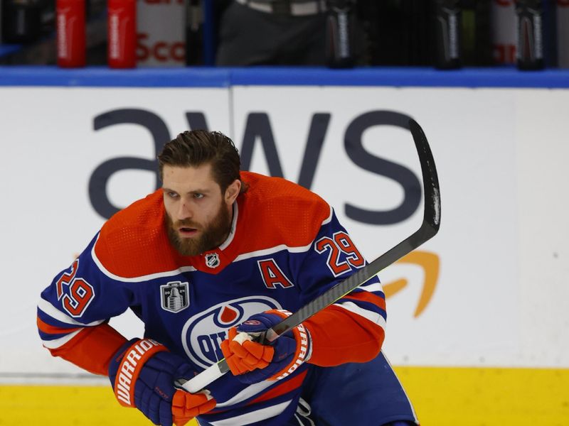 Jun 13, 2024; Edmonton, Alberta, CAN; Edmonton Oilers center Leon Draisaitl (29) warms up before the game against the Florida Panthers in game three of the 2024 Stanley Cup Final at Rogers Place. Mandatory Credit: Perry Nelson-USA TODAY Sports