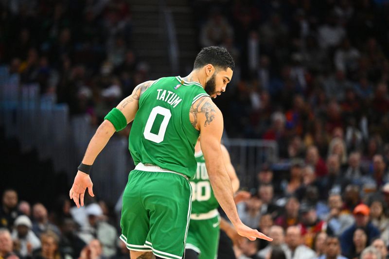 CLEVELAND, OHIO - FEBRUARY 04: Jayson Tatum #0 of the Boston Celtics celebrates during the third quarter against the Cleveland Cavaliers at Rocket Mortgage Fieldhouse on February 04, 2025 in Cleveland, Ohio. The Celtics defeated the Cavaliers 112-105. NOTE TO USER: User expressly acknowledges and agrees that, by downloading and or using this photograph, User is consenting to the terms and conditions of the Getty Images License Agreement. (Photo by Jason Miller/Getty Images)