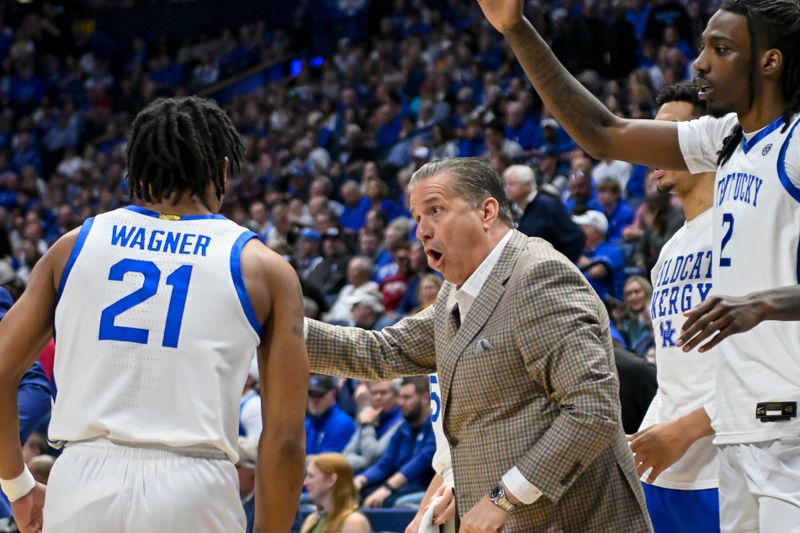 Mar 15, 2024; Nashville, TN, USA; Kentucky Wildcats head coach John Calipari talks with guard D.J. Wagner (21) during the first half at Bridgestone Arena. Mandatory Credit: Steve Roberts-USA TODAY Sports