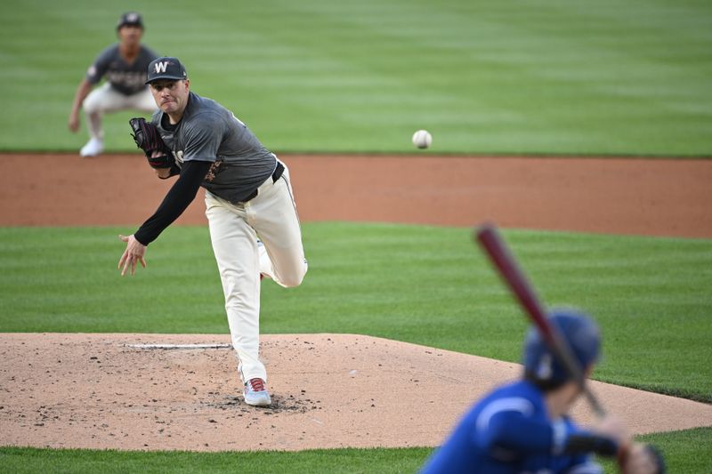 May 3, 2024; Washington, District of Columbia, USA; Washington Nationals starting pitcher Patrick Corbin (46) throws a pitch against the Toronto Blue Jays during the second inning at Nationals Park. Mandatory Credit: Rafael Suanes-USA TODAY Sports