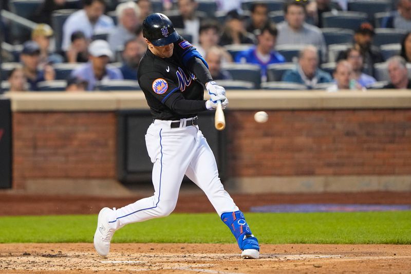 May 21, 2023; New York City, New York, USA; New York Mets right fielder Mark Canha (19) hits a single against the Cleveland Guardians during the fourth inning at Citi Field. Mandatory Credit: Gregory Fisher-USA TODAY Sports