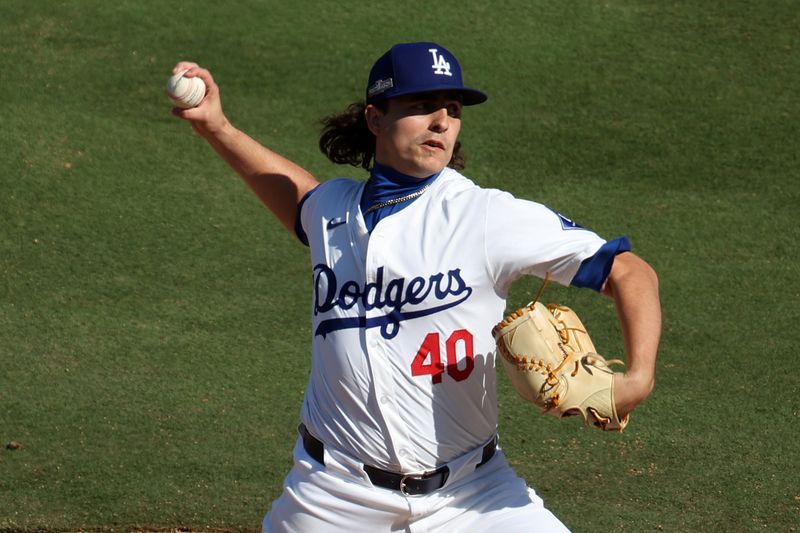 Oct 14, 2024; Los Angeles, California, USA; Los Angeles Dodgers pitcher Brent Honeywell (40) throws a pitch against the New York Mets in the fifth inning during game two of the NLCS for the 2024 MLB Playoffs at Dodger Stadium. Mandatory Credit: Kiyoshi Mio-Imagn Images