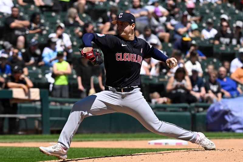 May 12, 2024; Chicago, Illinois, USA;  Cleveland Guardians pitcher Logan Allen (41) delivers against the Chicago White Sox during the first inning at Guaranteed Rate Field. Mandatory Credit: Matt Marton-USA TODAY Sports