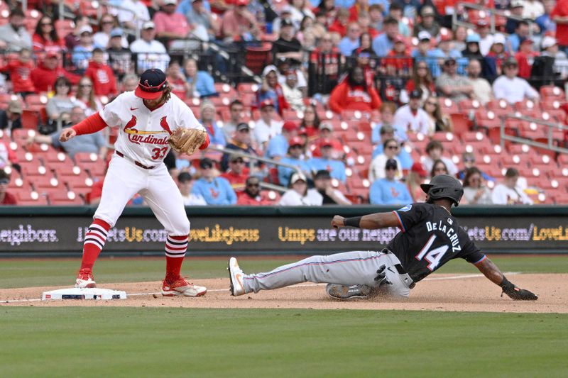 Apr 7, 2024; St. Louis, Missouri, USA; Miami Marlins outfielder Bryan De La Cruz (14) is out at third from St. Louis Cardinals outfielder Brendan Donovan (33) during the eighth inning at Busch Stadium. Mandatory Credit: Jeff Le-USA TODAY Sports