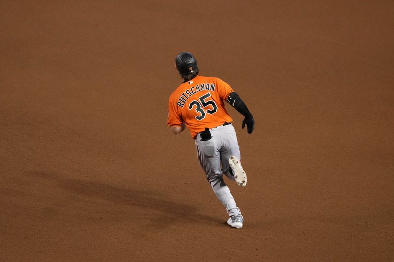 Sep 2, 2023; Phoenix, Arizona, USA; Baltimore Orioles catcher Adley Rutschman (35) runs the bases after hitting a solo home run against the Arizona Diamondbacks during the seventh inning at Chase Field. Mandatory Credit: Joe Camporeale-USA TODAY Sports