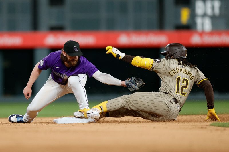 Apr 22, 2024; Denver, Colorado, USA; San Diego Padres catcher Luis Campusano (12) slides safely into second against Colorado Rockies second baseman Brendan Rodgers (7) on a double in the eighth inning at Coors Field. Mandatory Credit: Isaiah J. Downing-USA TODAY Sports