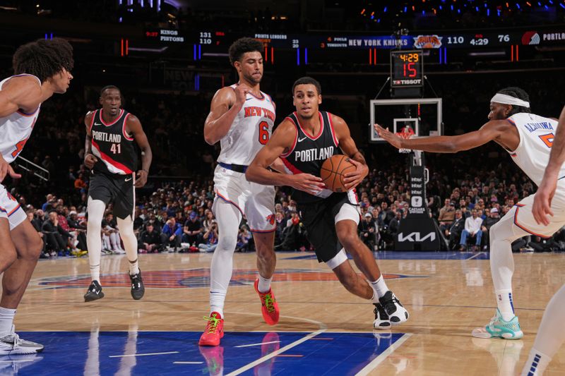 NEW YORK, NY - JANUARY 9: Kris Murray #8 of the Portland Trail Blazers drives to the basket during the game against the New York Knicks on January 9, 2024 at Madison Square Garden in New York City, New York.  NOTE TO USER: User expressly acknowledges and agrees that, by downloading and or using this photograph, User is consenting to the terms and conditions of the Getty Images License Agreement. Mandatory Copyright Notice: Copyright 2024 NBAE  (Photo by Jesse D. Garrabrant/NBAE via Getty Images)