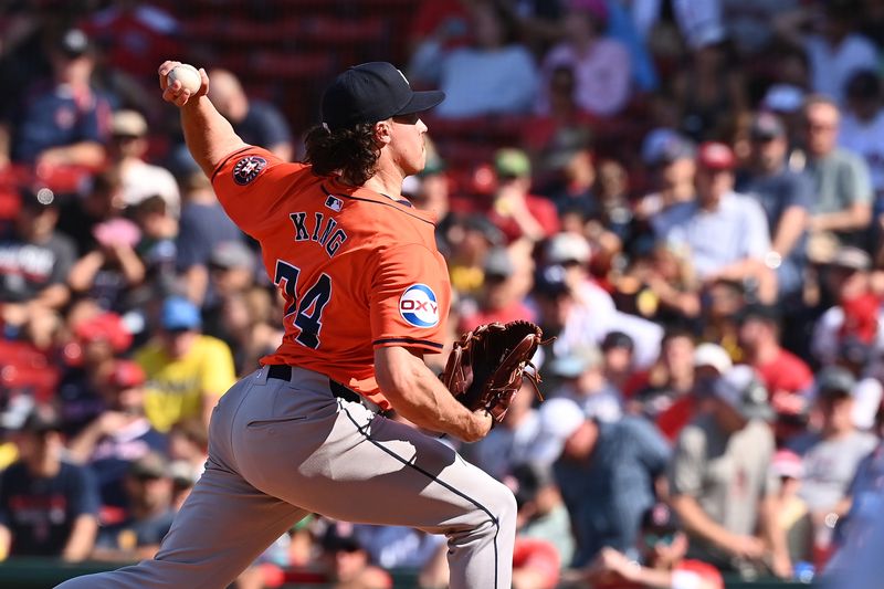 Aug 11, 2024; Boston, Massachusetts, USA; Houston Astros pitcher Bryan King (74) pitches against the Boston Red Sox during the eighth inning at Fenway Park. Mandatory Credit: Eric Canha-USA TODAY Sports