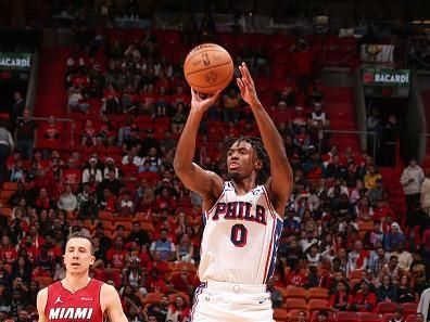 MIAMI, FL - DECEMBER 25:  Tyrese Maxey #0 of the Philadelphia 76ers shoots the ball during the game   on December 25, 2023 at Kaseya Center Arena in Miami, Florida. NOTE TO USER: User expressly acknowledges and agrees that, by downloading and or using this Photograph, user is consenting to the terms and conditions of the Getty Images License Agreement. Mandatory Copyright Notice: Copyright 2023 NBAE (Photo by Issac Baldizon/NBAE via Getty Images)