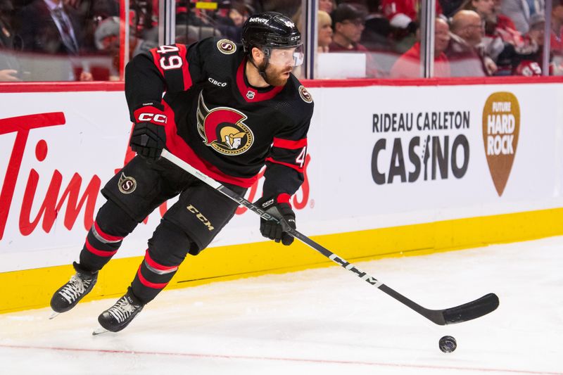 Oct 14, 2023; Ottawa, Ontario, CAN; Ottawa Senators center Rourke Chartier (49) skates with the puck in the second period against the Philadelphia Flyers at the Canadian Tire Centre. Mandatory Credit: Marc DesRosiers-USA TODAY Sports