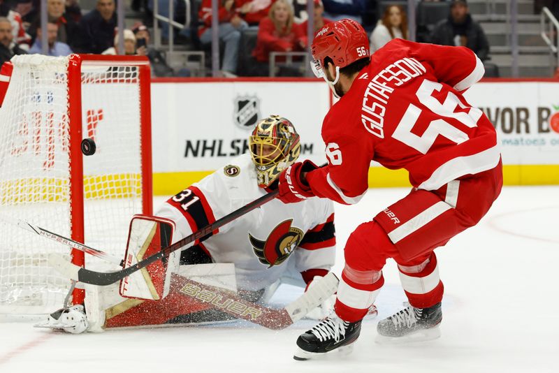 Jan 7, 2025; Detroit, Michigan, USA; Ottawa Senators goaltender Anton Forsberg (31) makes a save on Detroit Red Wings defenseman Erik Gustafsson (56) in overtime at Little Caesars Arena. Mandatory Credit: Rick Osentoski-Imagn Images
