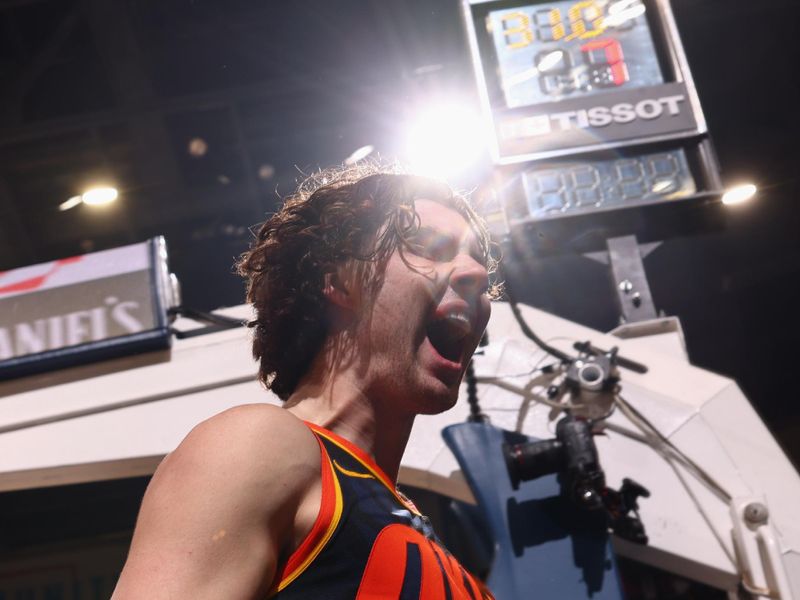 OKLAHOMA CITY, OK - FEBRUARY 4:  Josh Giddey #3 of the Oklahoma City Thunder celebrates during the game on February 4, 2024 at Paycom Arena in Oklahoma City, Oklahoma. NOTE TO USER: User expressly acknowledges and agrees that, by downloading and or using this photograph, User is consenting to the terms and conditions of the Getty Images License Agreement. Mandatory Copyright Notice: Copyright 2024 NBAE (Photo by Zach Beeker/NBAE via Getty Images)