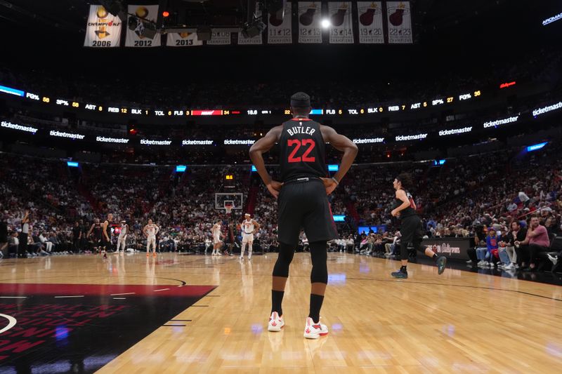 MIAMI, FL - APRIL 2: Jimmy Butler #22 of the Miami Heat looks on during the game against the New York Knicks on April 2, 2024 at Kaseya Center in Miami, Florida. NOTE TO USER: User expressly acknowledges and agrees that, by downloading and or using this Photograph, user is consenting to the terms and conditions of the Getty Images License Agreement. Mandatory Copyright Notice: Copyright 2024 NBAE (Photo by Eric Espada/NBAE via Getty Images)