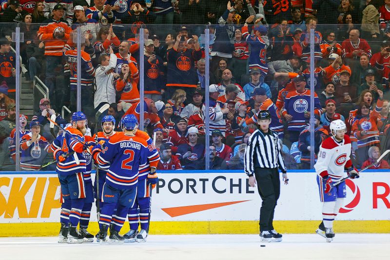 Mar 19, 2024; Edmonton, Alberta, CAN; The Edmonton Oilers celebrate a goal scored by forward Adam Henrique (19) during the second period against the Montreal Canadiens at Rogers Place. Mandatory Credit: Perry Nelson-USA TODAY Sports