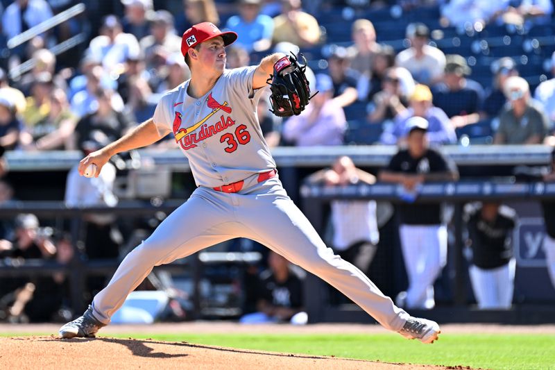 Feb 26, 2025; Tampa, Florida, USA; St. Louis Cardinals starting pitcher Michael McGreevy (36) throws a pitch in the first inning against the New York Yankees during spring training at George M. Steinbrenner Field. Mandatory Credit: Jonathan Dyer-Imagn Images