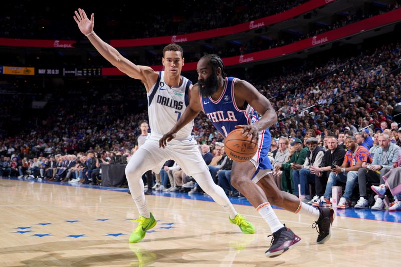 PHILADELPHIA, PA - MARCH 29: James Harden #1 of the Philadelphia 76ers dribbles the ball during the game against the Dallas Mavericks on March 29, 2023 at the Wells Fargo Center in Philadelphia, Pennsylvania NOTE TO USER: User expressly acknowledges and agrees that, by downloading and/or using this Photograph, user is consenting to the terms and conditions of the Getty Images License Agreement. Mandatory Copyright Notice: Copyright 2023 NBAE (Photo by Jesse D. Garrabrant/NBAE via Getty Images)