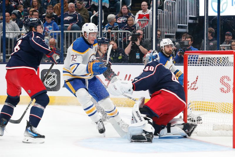 Oct 17, 2024; Columbus, Ohio, USA; Buffalo Sabres center Tage Thompson (72) looks for a rebound of a Columbus Blue Jackets goalie Daniil Tarasov (40) save during the first period at Nationwide Arena. Mandatory Credit: Russell LaBounty-Imagn Images