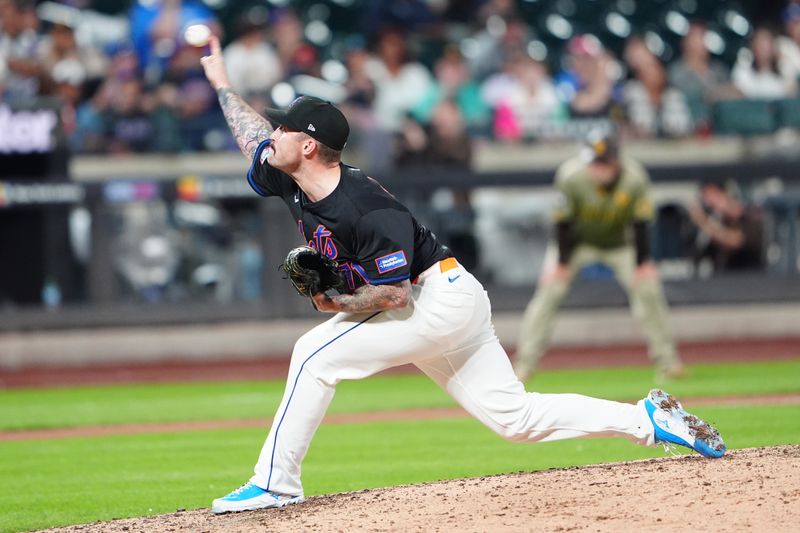 Jun 14, 2024; New York City, New York, USA;  New York Mets pitcher Sean Reid-Foley (71) delivers a pitch against the San Diego Padres during the eighth inning at Citi Field. Mandatory Credit: Gregory Fisher-USA TODAY Sports