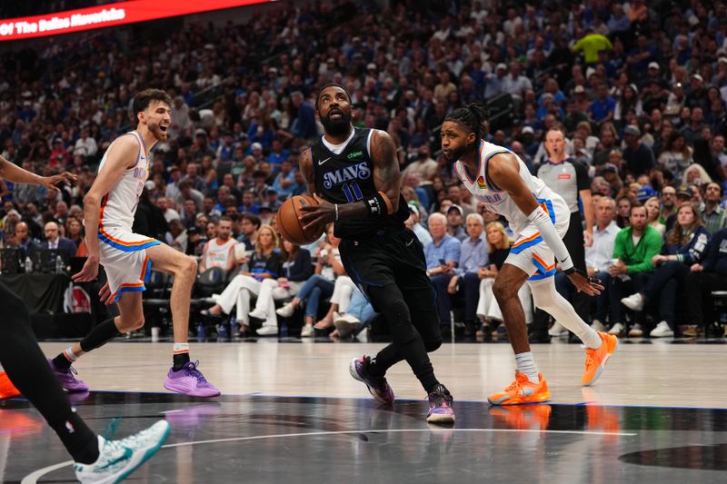 DALLAS, TX - MAY 18: Kyrie Irving #11 of the Dallas Mavericks drives to the basket during the game against the Oklahoma City Thunder during Round 2 Game 6 of the 2024 NBA Playoffs on May 18, 2024 at the American Airlines Center in Dallas, Texas. NOTE TO USER: User expressly acknowledges and agrees that, by downloading and or using this photograph, User is consenting to the terms and conditions of the Getty Images License Agreement. Mandatory Copyright Notice: Copyright 2024 NBAE (Photo by Cooper Neill/NBAE via Getty Images)