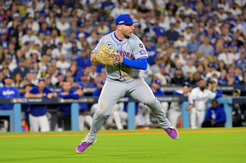 Oct 20, 2024; Los Angeles, California, USA; New York Mets first baseman Pete Alonso (20) fields the ball hit by Los Angeles Dodgers second baseman Chris Taylor (not pictured) in the sixth inning during game six of the NLCS for the 2024 MLB playoffs at Dodger Stadium. Mandatory Credit: Jayne Kamin-Oncea-Imagn Images
