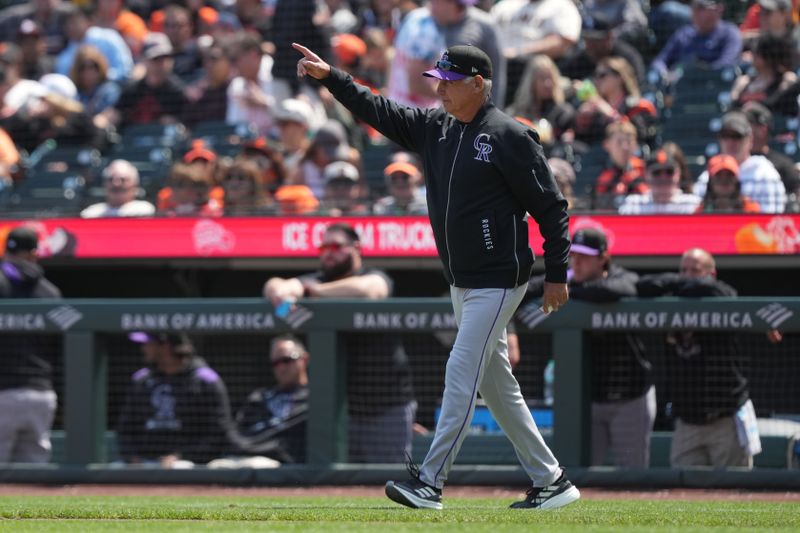 May 3, 2025; San Francisco, California, USA; Colorado Rockies manager Bud Black (10) signals for a pitching change during the sixth inning against the San Francisco Giants at Oracle Park. Mandatory Credit: Darren Yamashita-Imagn Images