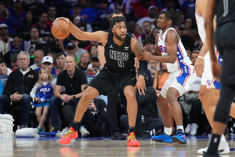 PHILADELPHIA, PA - APRIL 14: Trendon Watford #9 of the Brooklyn Nets d/r/ against the Philadelphia 76ers on April 14, 2024 at the Wells Fargo Center in Philadelphia, Pennsylvania NOTE TO USER: User expressly acknowledges and agrees that, by downloading and/or using this Photograph, user is consenting to the terms and conditions of the Getty Images License Agreement. Mandatory Copyright Notice: Copyright 2024 NBAE (Photo by Jesse D. Garrabrant/NBAE via Getty Images)