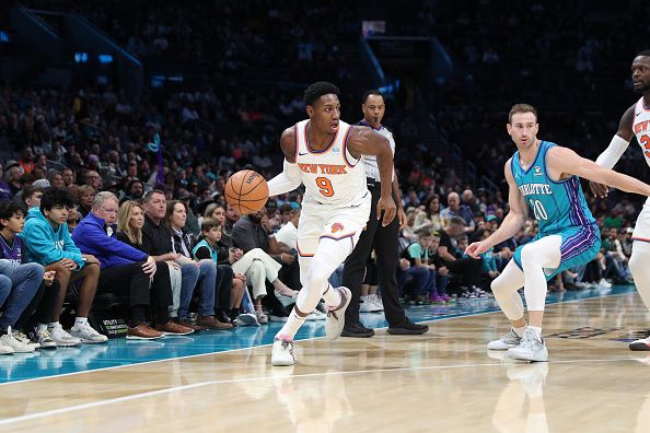 CHARLOTTE, NC - NOVEMBER 18: RJ Barrett #9 of the New York Knicks dribbles the ball during the game against the Charlotte Hornets on November 18, 2023 at Spectrum Center in Charlotte, North Carolina. NOTE TO USER: User expressly acknowledges and agrees that, by downloading and or using this photograph, User is consenting to the terms and conditions of the Getty Images License Agreement. Mandatory Copyright Notice: Copyright 2023 NBAE (Photo by Brock Williams-Smith/NBAE via Getty Images)