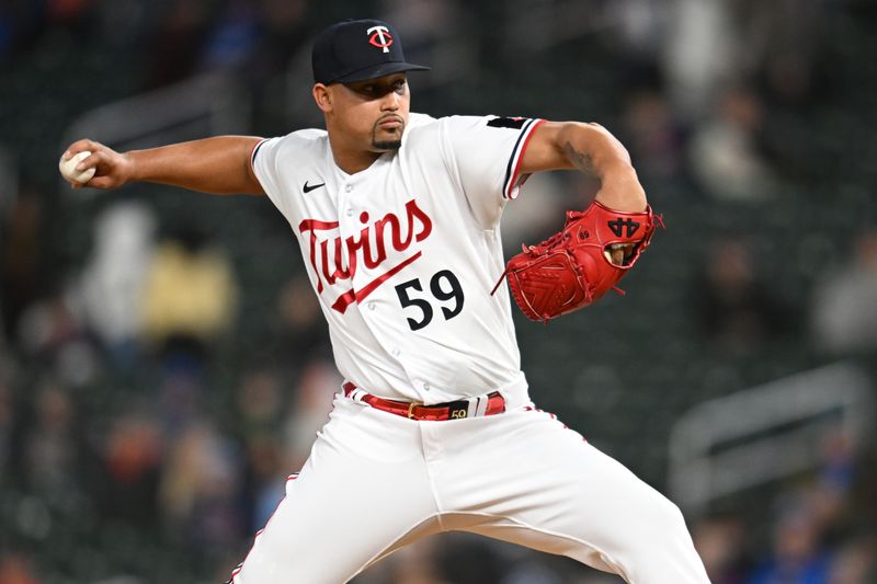 Apr 25, 2023; Minneapolis, Minnesota, USA; Minnesota Twins relief pitcher Jhoan Duran (59) throws a pitch against the New York Yankees during the ninth inning at Target Field. Mandatory Credit: Jeffrey Becker-USA TODAY Sports