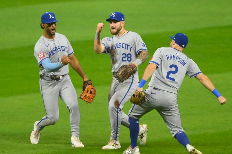 Aug 27, 2024; Cleveland, Ohio, USA; The Kansas City Royals celebrate a win over the Cleveland Guardians at Progressive Field. Mandatory Credit: David Richard-USA TODAY Sports