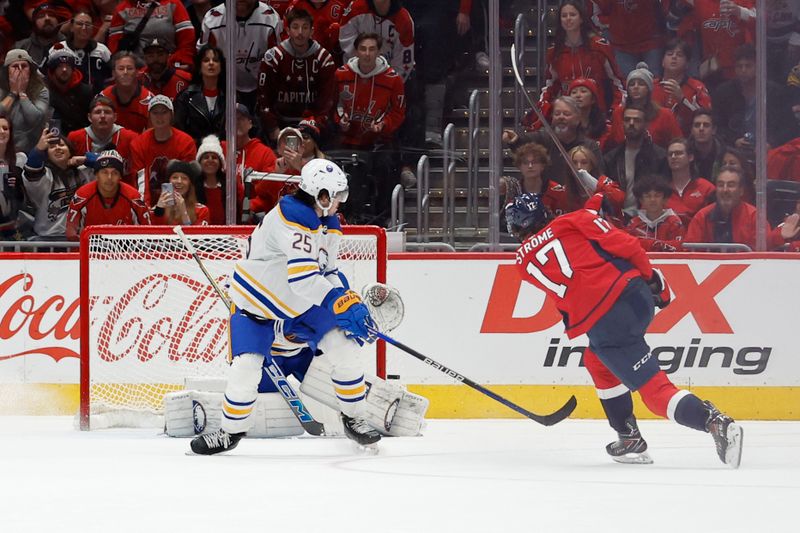 Nov 22, 2023; Washington, District of Columbia, USA; Washington Capitals center Dylan Strome (17) scores the game winning goal in overtime on Buffalo Sabres goaltender Devon Levi (27) at Capital One Arena. Mandatory Credit: Geoff Burke-USA TODAY Sports