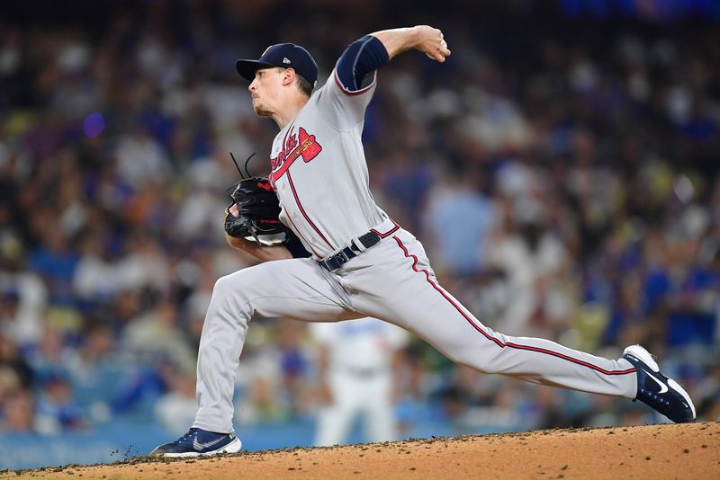 September 1, 2023; Los Angeles, California, USA; Atlanta Braves starting pitcher Max Fried (54) throws against the Los Angeles Dodgers during the fifth inning at Dodger Stadium. Mandatory Credit: Gary A. Vasquez-USA TODAY Sports