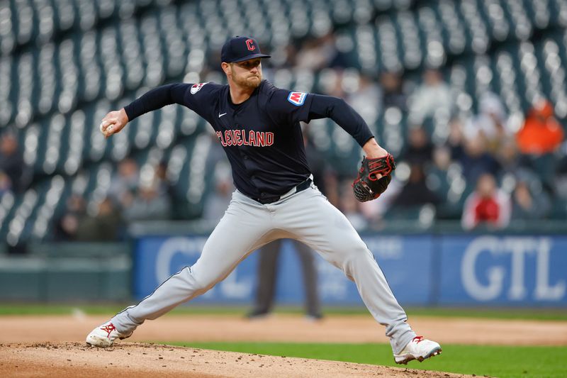 May 9, 2024; Chicago, Illinois, USA; Cleveland Guardians starting pitcher Ben Lively (39) delivers a pitch against the Chicago White Sox during the first inning at Guaranteed Rate Field. Mandatory Credit: Kamil Krzaczynski-USA TODAY Sports