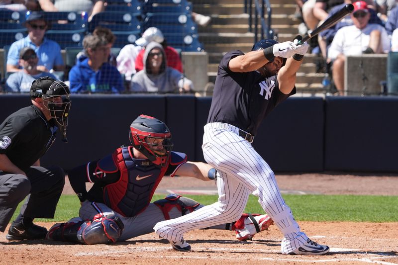 Mar 6, 2025; Tampa, Florida, USA; New York Yankees outfielder Jasson Dominguez (24) grounds out against the Minnesota Twins during the second inning at George M. Steinbrenner Field. Mandatory Credit: Dave Nelson-Imagn Images