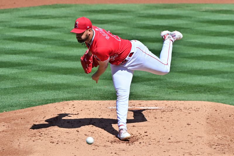 Mar 11, 2024; Tempe, Arizona, USA;  Los Angeles Angels starting pitcher Patrick Sandoval (43) throws in the second inning against the Texas Rangers during a spring training game at Tempe Diablo Stadium. Mandatory Credit: Matt Kartozian-USA TODAY Sports