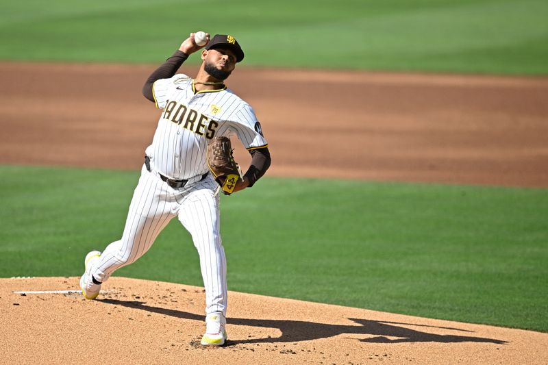 Jun 22, 2024; San Diego, California, USA; San Diego Padres starting pitcher Randy Vasquez (98) pitches against the Milwaukee Brewers during the first inning at Petco Park. Mandatory Credit: Orlando Ramirez-USA TODAY Sports