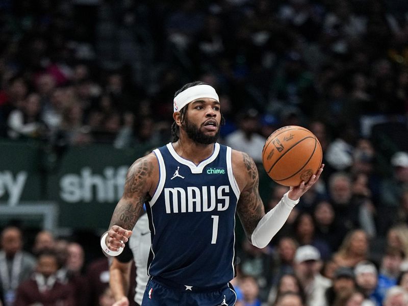 DALLAS, TX - JANUARY 12: Jaden Hardy #1 of the Dallas Mavericks dribbles the ball during the game against the Denver Nuggets on January 12, 2025 at American Airlines Center in Dallas, Texas. NOTE TO USER: User expressly acknowledges and agrees that, by downloading and or using this photograph, User is consenting to the terms and conditions of the Getty Images License Agreement. Mandatory Copyright Notice: Copyright 2025 NBAE (Photo by Glenn James/NBAE via Getty Images)