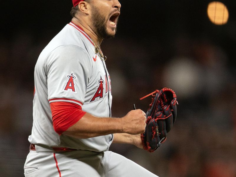 Jun 14, 2024; San Francisco, California, USA; Los Angeles Angels pitcher Carlos Estévez (53) celebrates getting the final out against the San Francisco Giants during the ninth inning at Oracle Park. Mandatory Credit: D. Ross Cameron-USA TODAY Sports