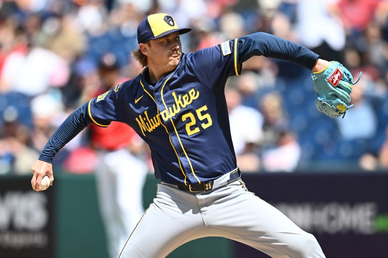 May 14, 2025; Cleveland, Ohio, USA; Milwaukee Brewers relief pitcher Nick Mears (25) throws a pitch during the sixth inning against the Cleveland Guardians at Progressive Field. Mandatory Credit: Ken Blaze-Imagn Images