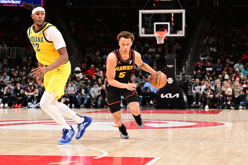 ATLANTA, GA - MARCH 6: Dyson Daniels #5 of the Atlanta Hawks drives to the basket during the game against the Indiana Pacers on March 6, 2025 at State Farm Arena in Atlanta, Georgia.  NOTE TO USER: User expressly acknowledges and agrees that, by downloading and/or using this Photograph, user is consenting to the terms and conditions of the Getty Images License Agreement. Mandatory Copyright Notice: Copyright 2025 NBAE (Photo by Adam Hagy/NBAE via Getty Images)