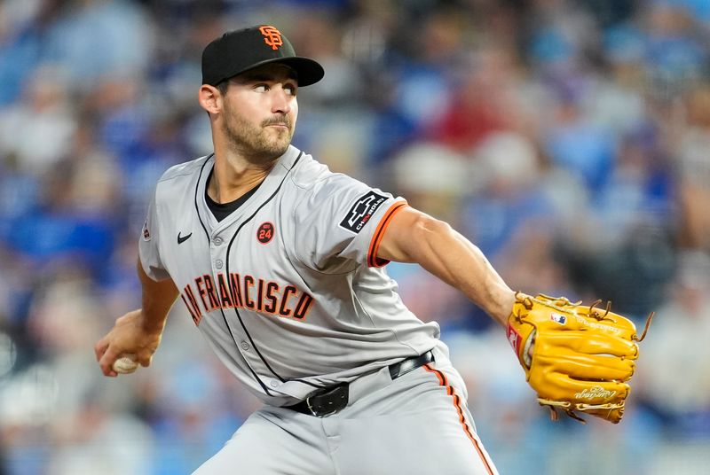 Sep 20, 2024; Kansas City, Missouri, USA; San Francisco Giants starting pitcher Mason Black (47) pitches during the first inning against the Kansas City Royals at Kauffman Stadium. Mandatory Credit: Jay Biggerstaff-Imagn Images