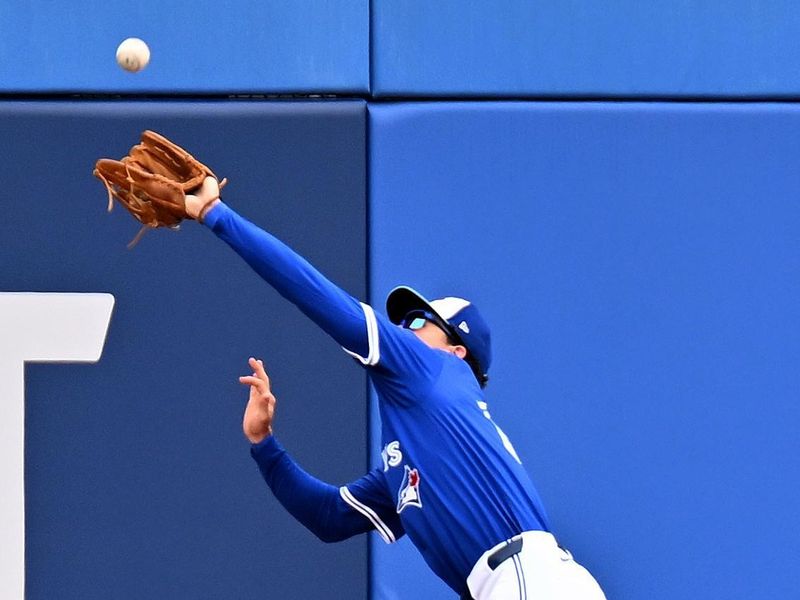 Feb 25, 2025; Dunedin, Florida, USA; Toronto Blue Jays center fielder Joey Loperfido (10) attempts to catch a line drive against the St. Louis Cardinals in the first inning of a spring training game at TD Ballpark. Mandatory Credit: Jonathan Dyer-Imagn Images