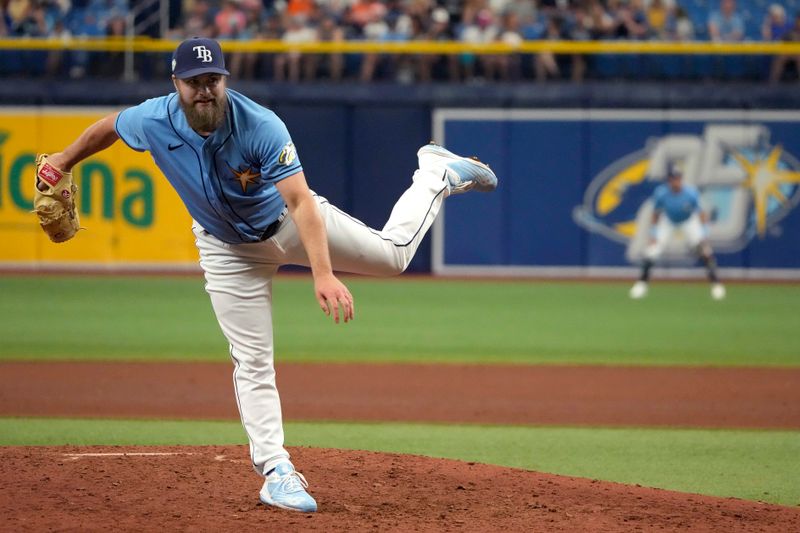 Apr 2, 2023; St. Petersburg, Florida, USA; Tampa Bay Rays relief pitcher Jalen Beeks (68) throws a pitch against the Detroit Tigers during the ninth inning at Tropicana Field. Mandatory Credit: Dave Nelson-USA TODAY Sports