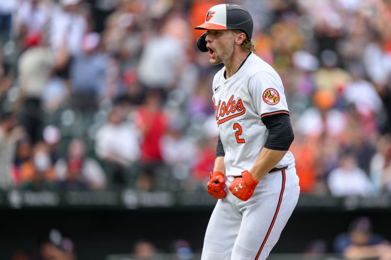 Aug 18, 2024; Baltimore, Maryland, USA; Baltimore Orioles shortstop Gunnar Henderson (2) reacts after hitting a home run during the sixth inning against the Boston Red Sox at Oriole Park at Camden Yards. Mandatory Credit: Reggie Hildred-USA TODAY Sports