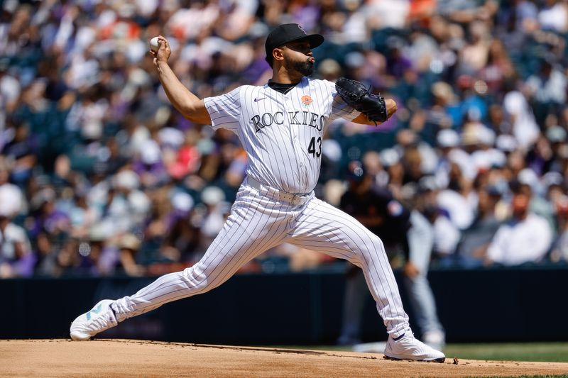 May 27, 2024; Denver, Colorado, USA; Colorado Rockies starting pitcher Anthony Molina (43) pitches in the first inning against the Cleveland Guardians at Coors Field. Mandatory Credit: Isaiah J. Downing-USA TODAY Sports